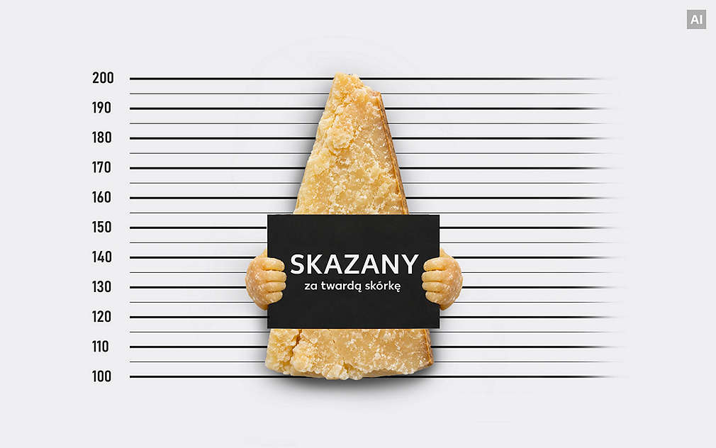 Ser z tabliczką jak w więzieniu: Napis na tabliczce: SKAZANY za twardą skórkę