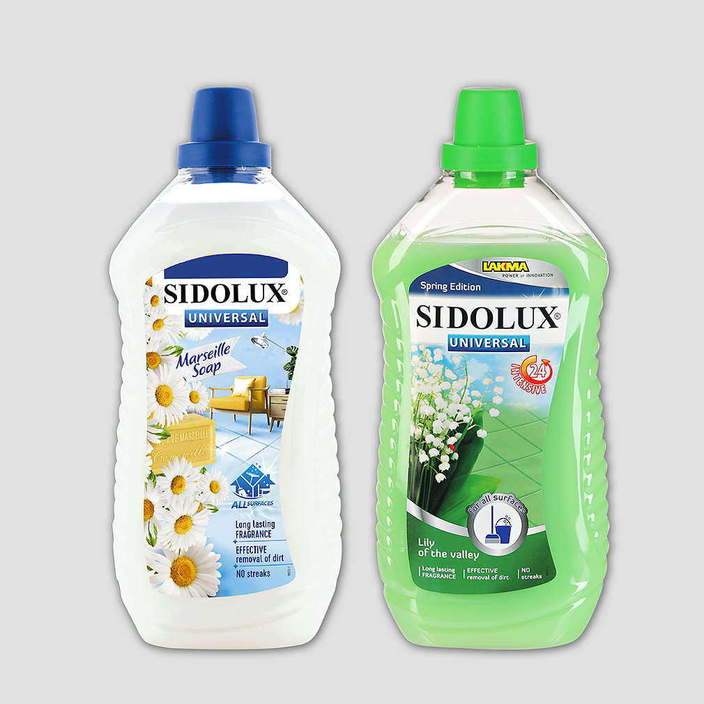 Sleva 30 % za 1 bod na produkty značky Sidolux, na obrázku lze vidět dva různé produkty na podlahy s šedým pozadím