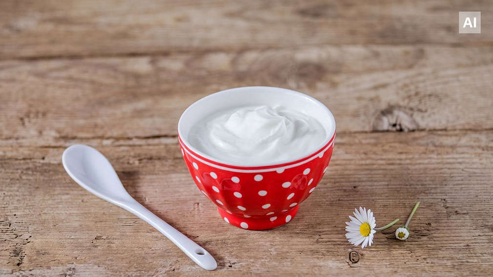 Świeży skyr w czerwonej miseczce w groszki – szczegółowe informacje