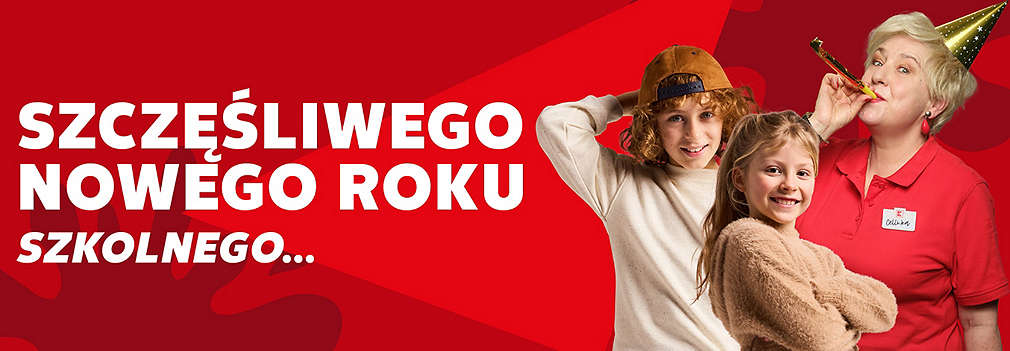Dwoje dzieci w  i pani Celinka w imprezowym przebraniu okularach,. Obok napis "Szczęśliwego nowego roku szkolnego"