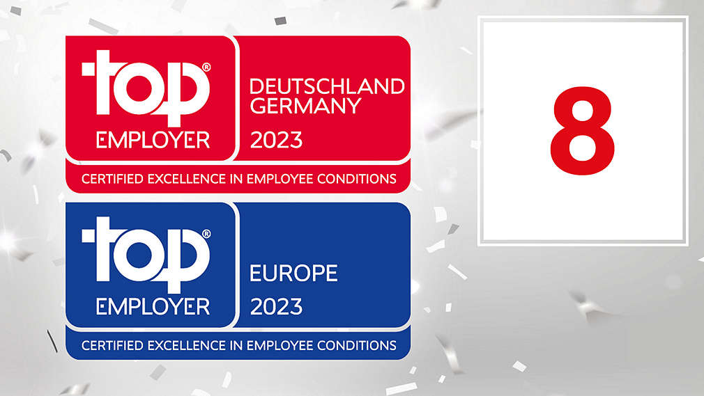Logo: top EMPLOYER DEUTSCHLAND GERMANY 2023; Logo: top EMPLOYER DEUTSCHLAND GERMANY 2023; Abbildung: Zahl 8