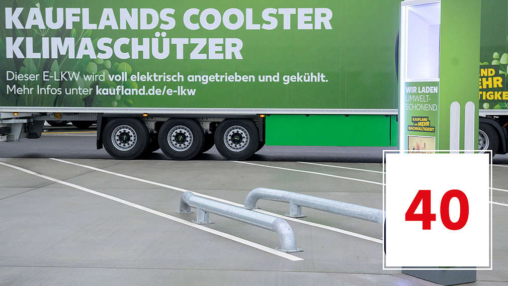 Abbildung: LKW und eine E-Ladesäule von Kaufland; Zahl: 40