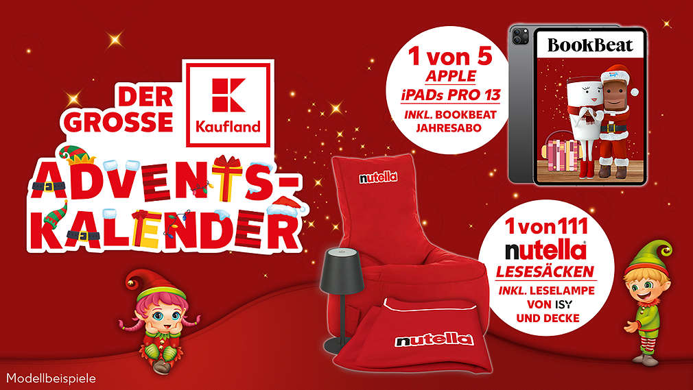 Schriftzug „Der große Adventskalender"; Abbildung Kaufland-Logo und Nutella-Logo; Störer „1 von 5 APPLE iPads Pro 13 inkl. Bookbeat Jahresabo"; Störer „1 von 111 nutella Lesesäcken inkl. Leselampe von ISY und Decke„