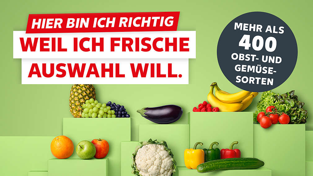 Abbildung: Verschiedenes Obst und Gemüse; Schriftzug: Richtig frisch. Richtig lecker.