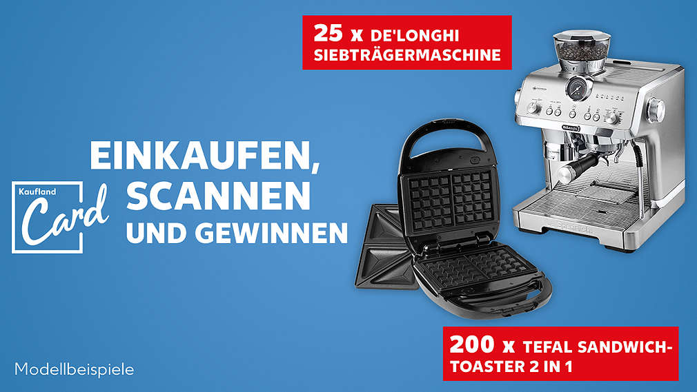 Abbildung Kaufland Card-Logo; Schriftzug „Einkaufen, scannen und gewinnen“; beispielhafte Abbildung des Gewinns