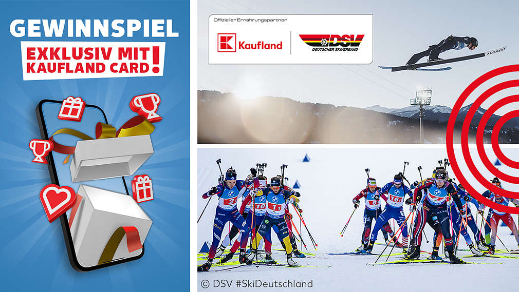 Schriftzug „Gewinnspiel exklusiv mit Kaufland Card!"; Abbildung Kaufland-Logo und DSV-Logo; Abbildung Biathlon-Athleten und Skispringer