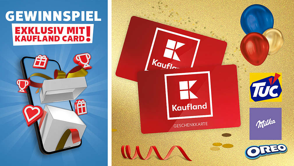 Beispielhafte Abbildung des Gewinns; Logo TUC, MILKA, OREO; Schriftzug „Gewinnspiel exklusiv mit Kaufland Card!”