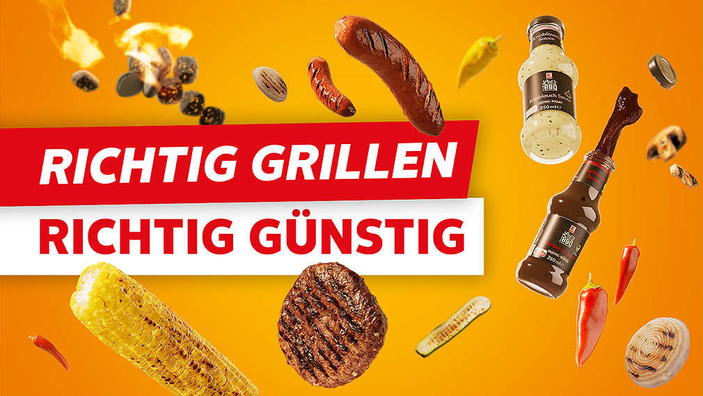 Fleisch und anderes Grillgut fliegen in die Luft; Schriftzug: Du liebst grillen? Du kriegst grillen!