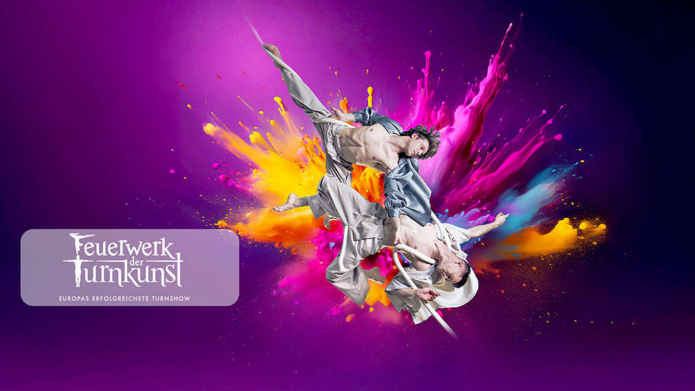 Abbildung: Akrobaten; Logo: Feuerwerk der Turnkunst