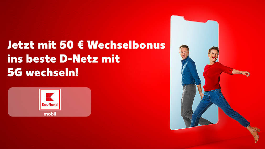 Schriftzug: Jetzt 50 € Wechselbonus sichern!; Abbildung: Eine Frau und ein Mann; Logo: Kaufland mobil