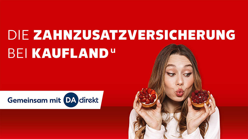 Schriftzug: Die Zahnzusatzversicherung bei Kauflandᵘ; Abbildung: Eine Frau hält zwei Törtchen in den Händen