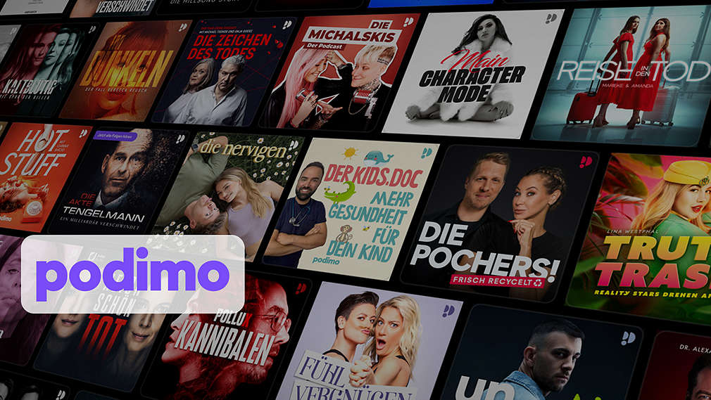 Abbildung: Verschiedene Hörbücher; Logo: podimo