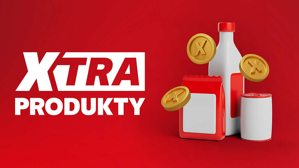 XTRA Produkty za grosz;  na ilustracji puszka butleka i opaknowanie papierowa z pieniążkami