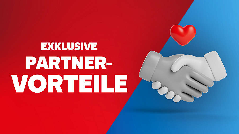 Schriftzug: Exklusive Partnervorteile; Abbildung: Handschlag mit Herz über den Händen