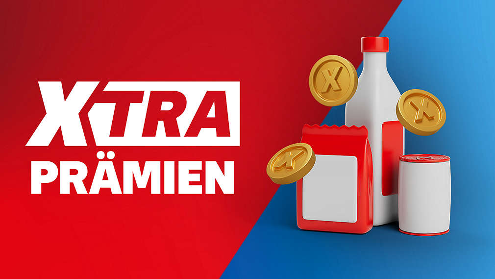 XTRA Prämien; Abbildung: Dose, Flasche, Tüte und schwebende Münzen mit einem „X“