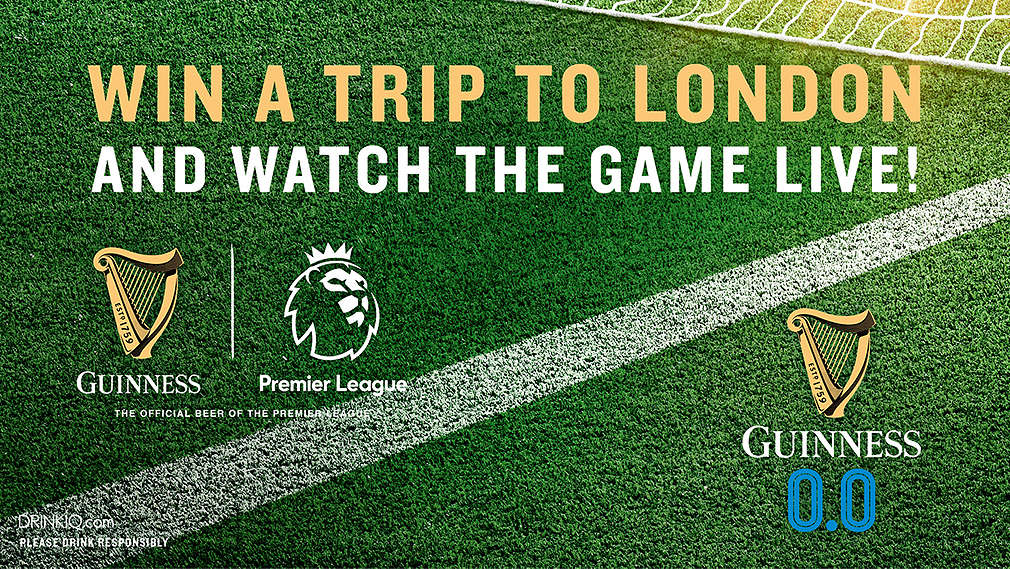 Schriftzug „Win a trip to London and watch the game live“; Guinness-Logo