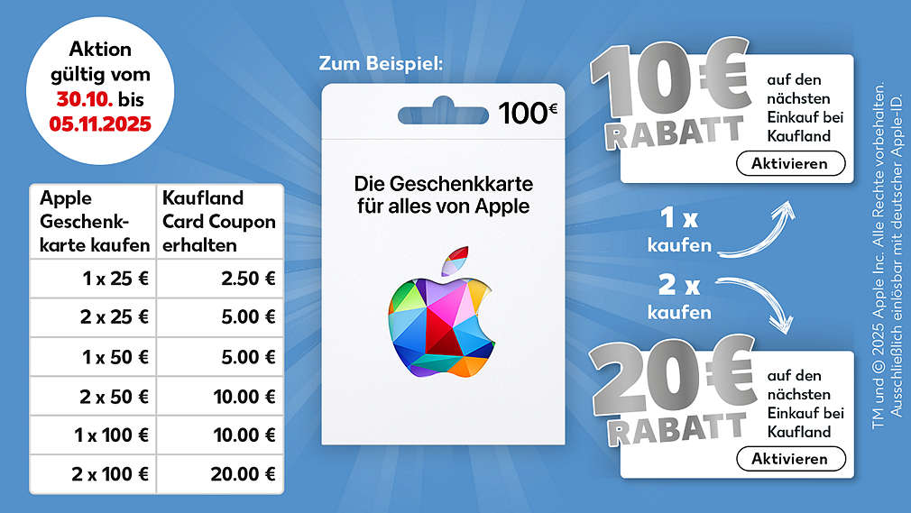 Störer: Aktion gültig vom 30.10. bis 05.11.2025; Schriftzug: Zum Beispiel:; Apple Geschenkkarte 100 €; Pfeil mit Schriftzug 1x kaufen zeigt auf Coupon: Coupon 10 € RABATT auf den nächsten Einkauf bei Kaufland, Aktivieren; Pfeil mit Schriftzug 2x kaufen zeigt auf Coupon: Coupon 20 € RABATT auf den nächsten Einkauf bei Kaufland, Aktivieren; Schriftzug: TM and © 2025 Apple Inc. Alle Rechte vorbehalten. Ausschließlich einlösbar mit der deutscher Apple-ID.