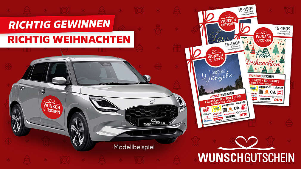 Beispielhafte Abbildung des Gewinns; Schriftzug „Richtig gewinnen, richtig Weihnachten; Abbildung Wunschgutscheine und Logo von Wunschgutschein
