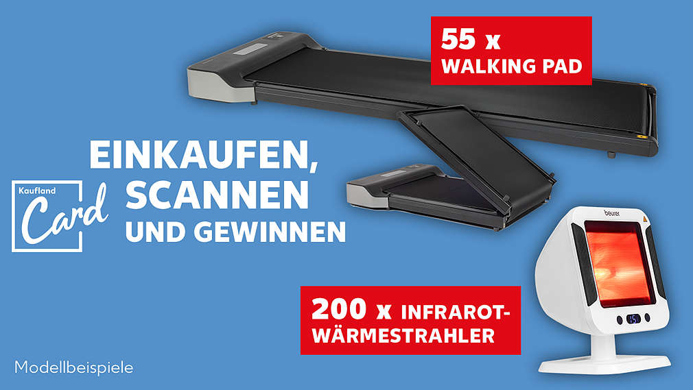 Abbildung Kaufland Card-Logo; Schriftzug „Einkaufen, scannen und gewinnen“; beispielhafte Abbildung des Gewinns