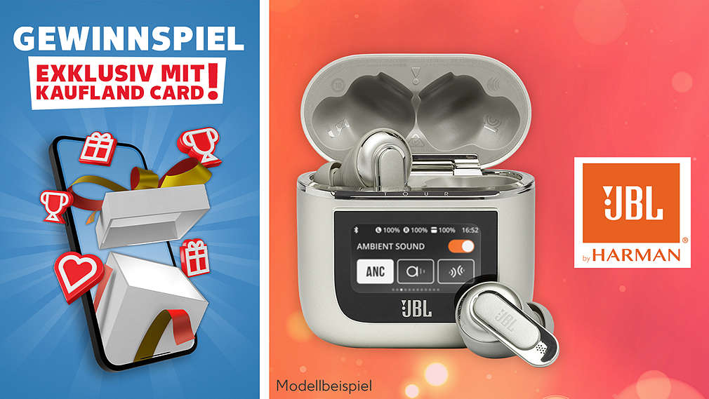 Beispielhafte Abbildung des Gewinns: Schriftzug „Gewinnspiel exklusiv mit Kaufland Card”; Logo JBL