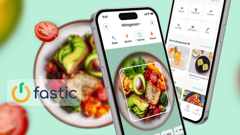 Abbildung: Ein Gericht; Smartphone und App von Fastic; Logo: fastic