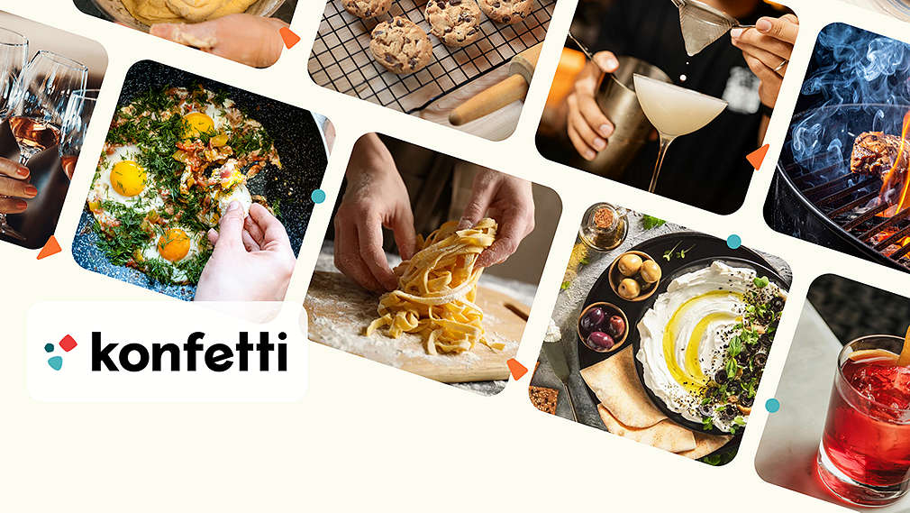 Abbildung: verschiedene Bilder von Workshops; Logo: konfetti