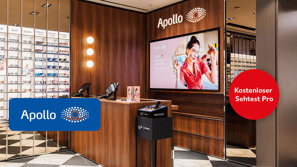 Abbildung: Apollo Laden mit Verkaufsregalen und Kassen; Logo: Apollo; Störer: Kostenloser Sehtest Pro