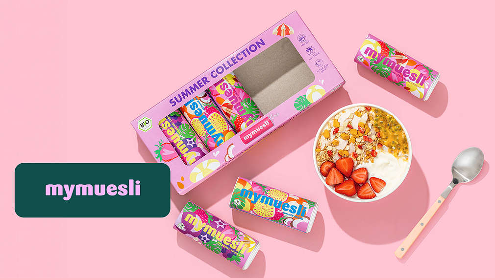 Abbildung: Verschiedene Produkte von mymuesli; Logo: mymuesli
