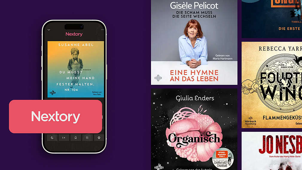 Abbildung: Verschiedene Buchcover und ein Smartphone; Logo: Nextory