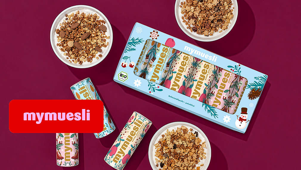 Abbildung: Verschiedene mymuesli Produkte; Logo: mymuesli