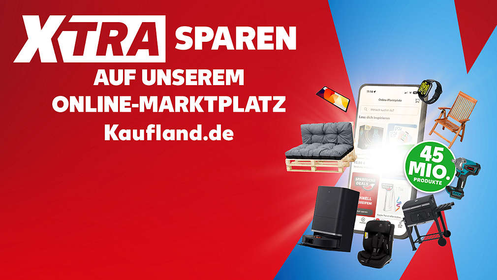 XTRA sparen auf unserem Online-Marktplatz Kaufland.de; Smartphone mit beispielhaften Produkten drum herum; Störer: 45 Mio. Produkte