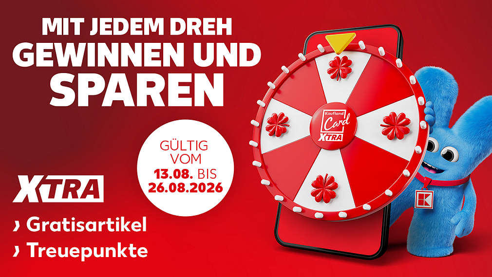 Abbildung Kaufland Card XTRA-Logo; Schriftzug „Mit jedem Dreh gewinnen und sparen“