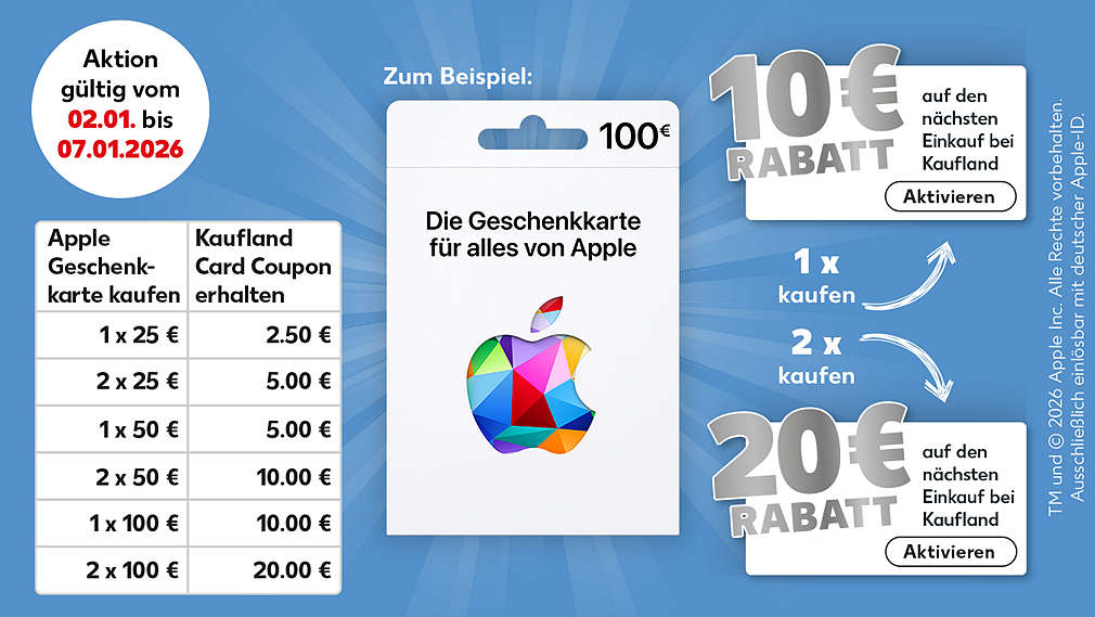 Störer: Aktion gültig vom 02.01. bis 07.01.2026; Schriftzug: Zum Beispiel:; Apple Geschenkkarte 100 €; Pfeil mit Schriftzug 1x kaufen zeigt auf Coupon: Coupon 10 € RABATT auf den nächsten Einkauf bei Kaufland, Aktivieren; Pfeil mit Schriftzug 2x kaufen zeigt auf Coupon: Coupon 20 € RABATT auf den nächsten Einkauf bei Kaufland, Aktivieren; Schriftzug: TM and © 2026 Apple Inc. Alle Rechte vorbehalten. Ausschließlich einlösbar mit der deutscher Apple-ID.