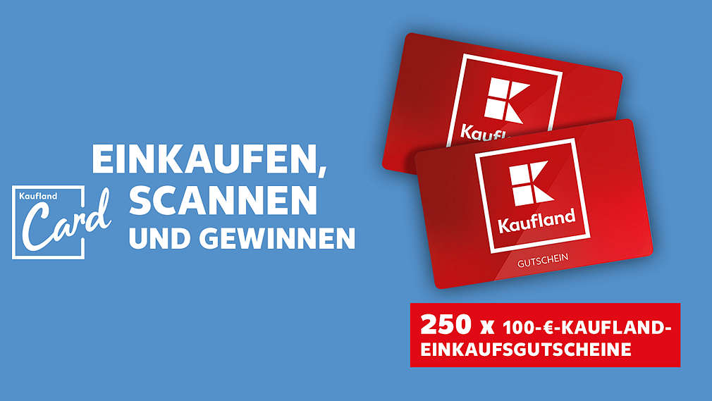 Abbildung Kaufland Card-Logo; Schriftzug „Einkaufen, scannen und gewinnen“; beispielhafte Abbildung des Gewinns