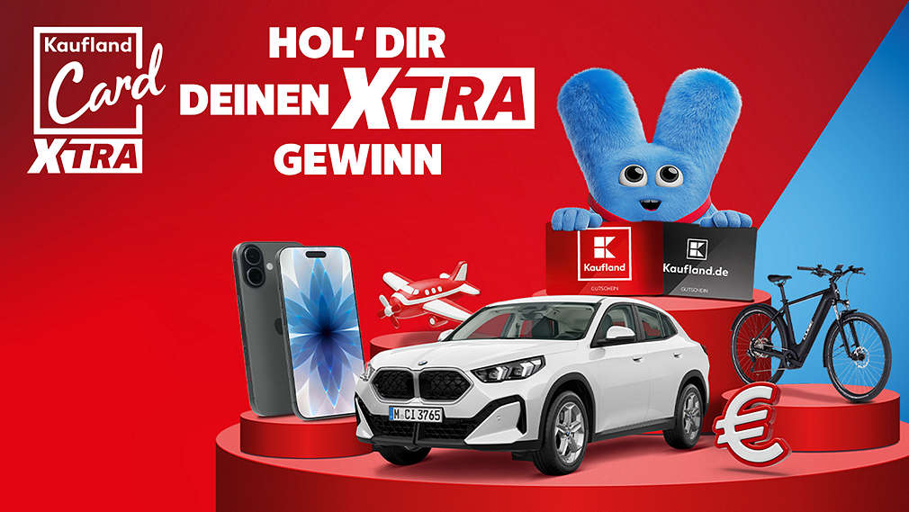 Schriftzug „Hol' dir deinen XTRA Gewinn“; beispielhafte Abbildung der Gewinne; Logo Kaufland Card XTRA