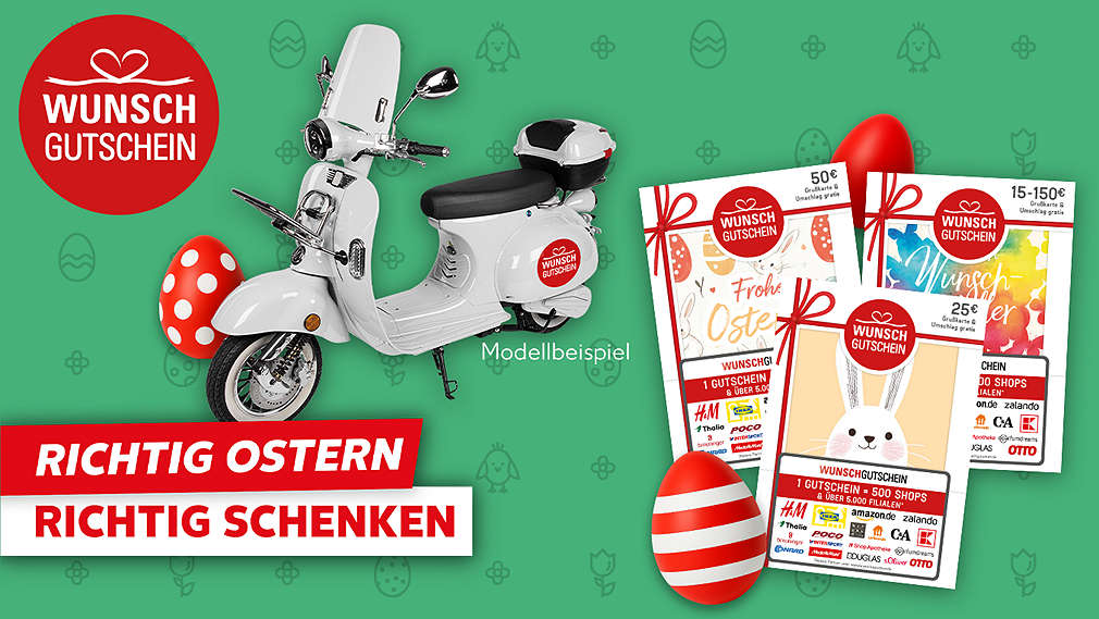 Beispielhafte Abbildung des Gewinns; Logo Wunschgutschein; Schriftzug „Richtig Ostern. Richtig schenken“