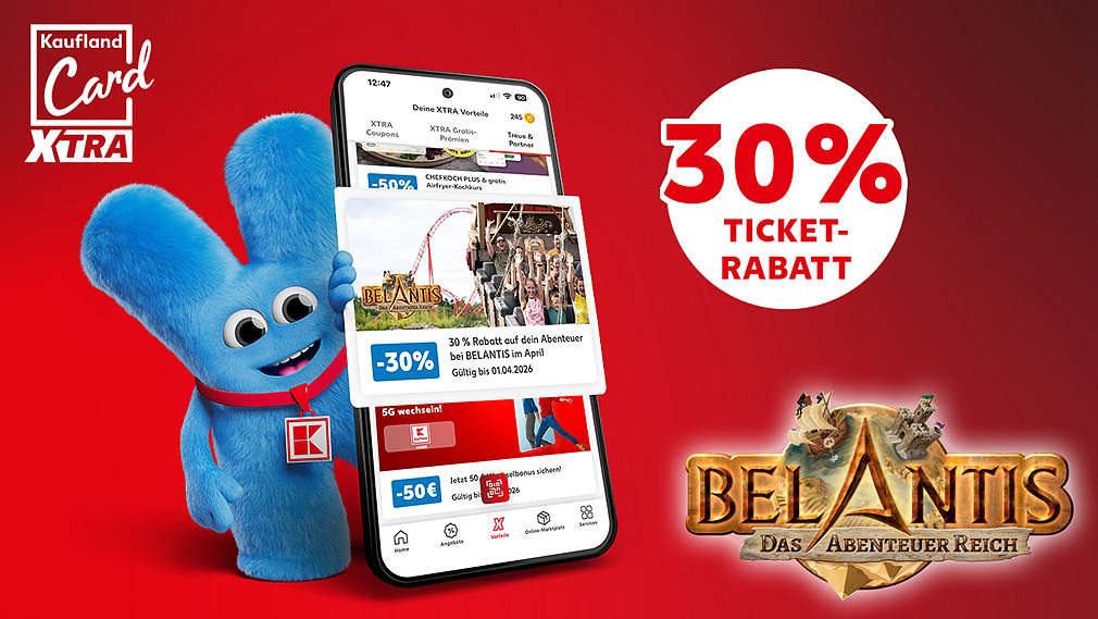 Logo: BELANTIS; Störer: bis zu 30 % Tickets-Rabatt; Abbildung: Smartphone mit Coupon