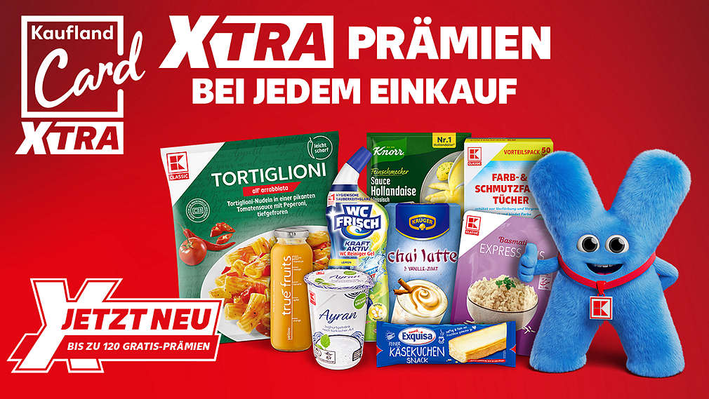 Logo: Kaufland Card XTRA; Schriftzug: XTRA PRÄMIEN BEI JEDEM EINKAUF; Schriftzug: JETZT NEU BIS ZU 120 GRATIS-PRÄMIEN; Abbildung: verschiedene Prämienartikel