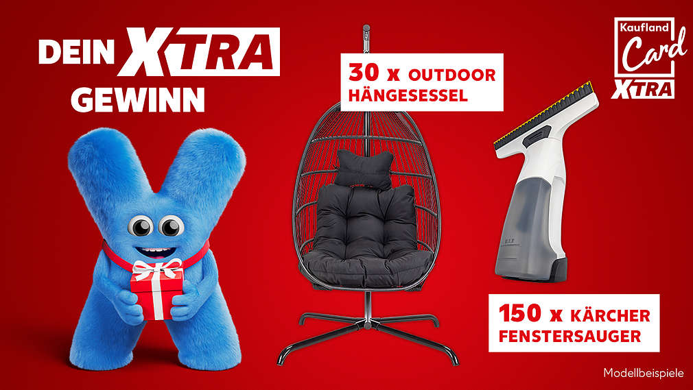 Dein XTRA Gewinn; beispielhafte Abbildung der Gewinne; Logo Kaufland Card XTRA; Schriftzug: Modellbeispiele; Maskottchen