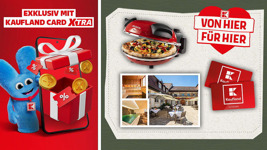 Schriftzug „Exklusiv mit Kaufland Card XTRA“; beispielhafte Abbildung des Gewinns; Logo „Von hier für hier“