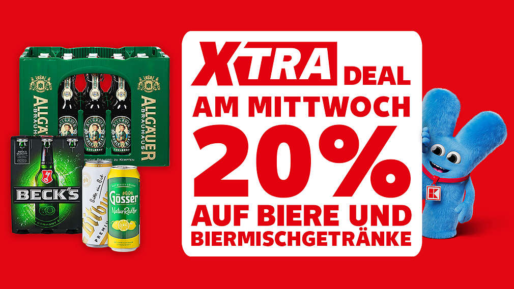 Logo und Schriftzug: XTRA DEAL AM MITTWOCH 20% AUF BIERE UND BIERMISCHGETRÄNKE; Abbildung: Verschiedene Sorten Bier, Maskottchen