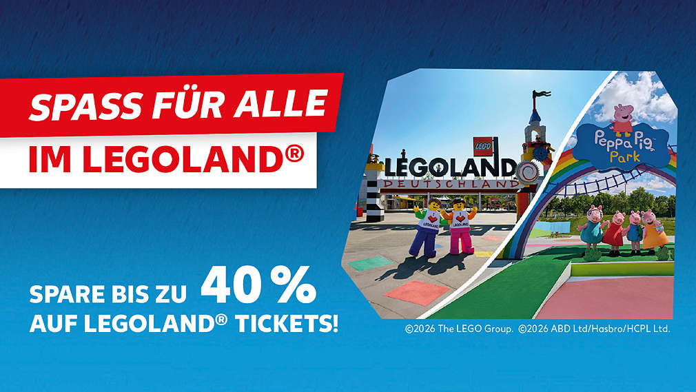 Spass für alle im Legoland®; Schriftzug: Spare bis zu 40 % auf Legoland® Tickets!