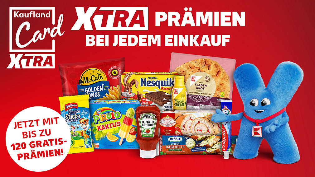 Logo: Kaufland Card XTRA; Schriftzug: XTRA PRÄMIEN BEI JEDEM EINKAUF; Schriftzug: JETZT MIT BIS ZU 120 GRATIS-PRÄMIEN; Abbildung: verschiedene Prämienartikel