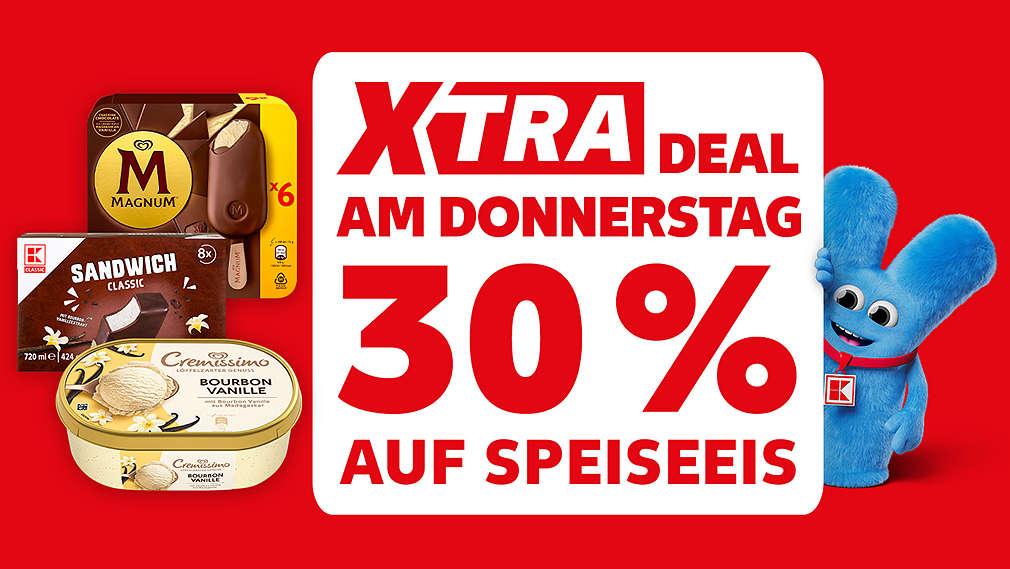 Schriftzug: XTRA Deal am Donnerstag 30 % auf Speiseeis; Abbildung: Maskottchen und Speiseeis