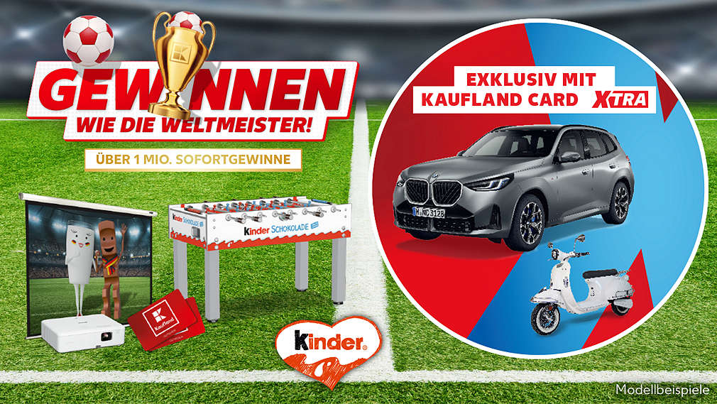 Logo „Gewinnen wie die Weltmeister"; beispielhafte Abbildung des Gewinns; Schriftzug „Dein XTRA Chance“ ; Logo Kinder