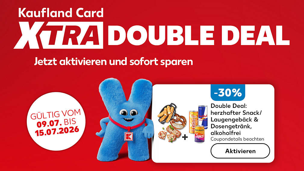 Schriftzug: Kaufland Card XTRA DOUBLE DEAL, Abbildung: Xara und Coupon: - 30 %, Dein herzhafter Snack/Laugengebäck bei unserer Bäckerei & alkoholfreies Dosen-Getränk, Coupondetails beachten; Störer: GÜLTIG VOM 09.07. BIS 15.07.2026