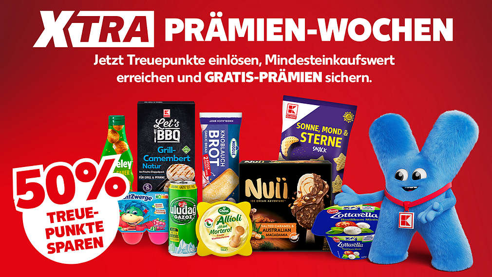 Logo: Kaufland Card XTRA; Schriftzug: XTRA PRÄMIEN BEI JEDEM EINKAUF; Störer: 50% Treuepunkte sparen; Abbildung: verschiedene Prämienartikel
