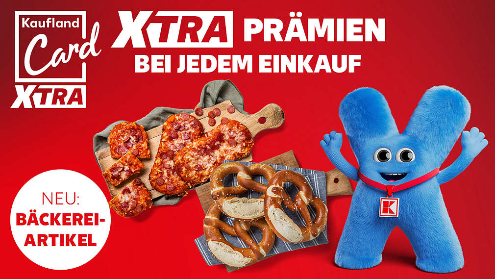Logo: Kaufland Card XTRA; Schriftzug: XTRA PRÄMIEN BEI JEDEM EINKAUF; Schriftzug: JETZT NEU BIS ZU 120 GRATIS-PRÄMIEN; Abbildung: verschiedene Prämienartikel
