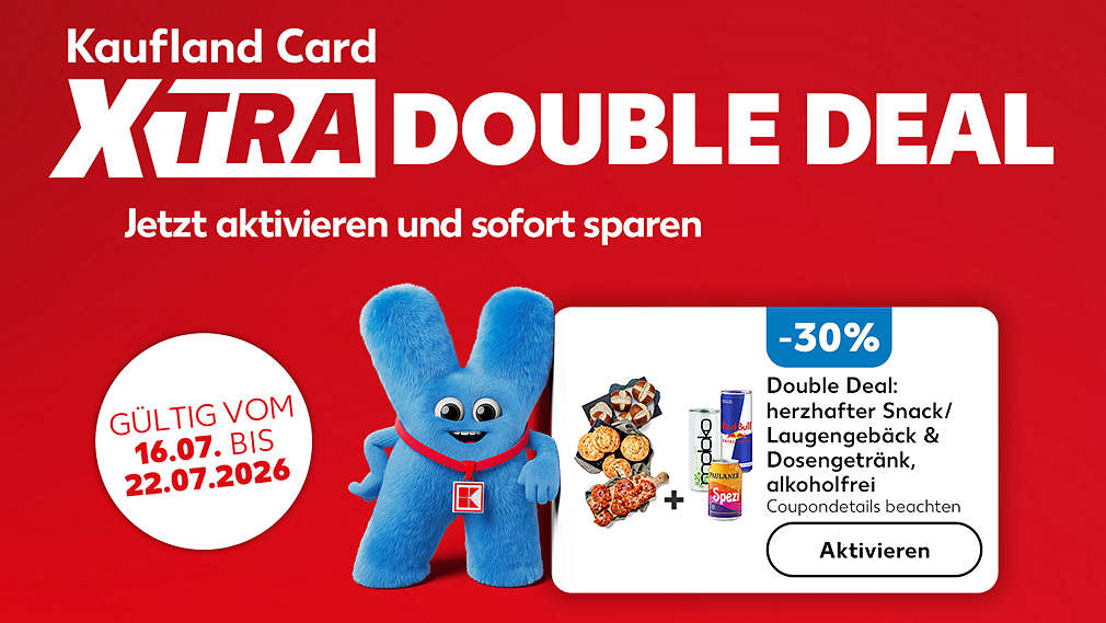 Schriftzug: Kaufland Card XTRA DOUBLE DEAL, Abbildung: Xara und Coupon: - 30 %, Dein herzhafter Snack/Laugengebäck bei unserer Bäckerei & alkoholfreies Dosen-Getränk, Coupondetails beachten; Störer: GÜLTIG VOM 09.07. BIS 15.07.2026