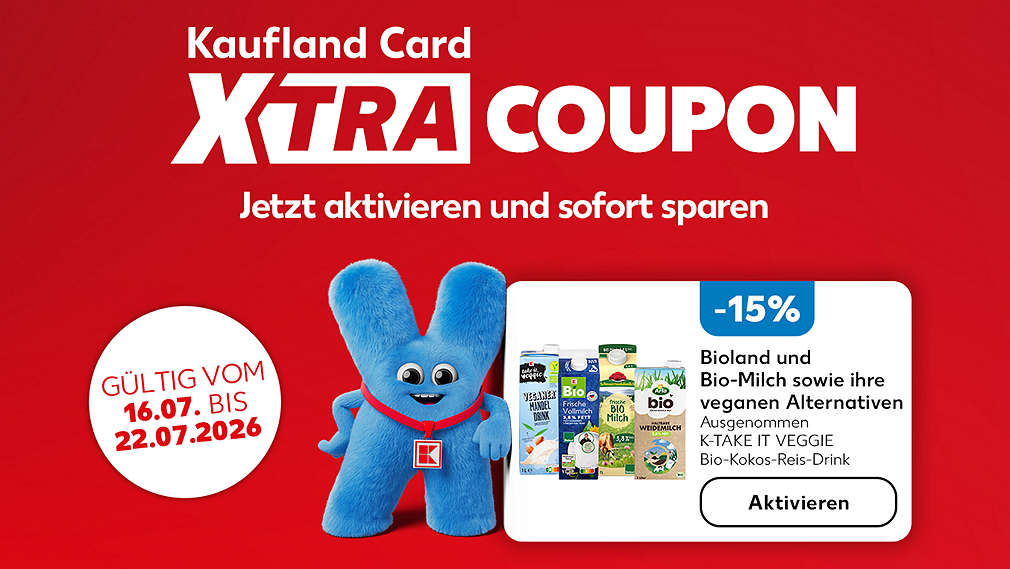 Schriftzug und Logo: Kaufland Card XTRA COUPON, Jetzt aktivieren und sofort sparen; Störer: GÜLTIG VOM 04.06. BIS 10.06.2026; Abbildung: Coupon: -15%, Bio-Konserven, Coupondetails beachten, Aktivieren; Abbildung: Maskottchen